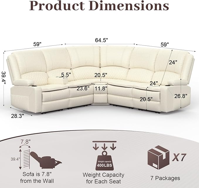Manual Reclining Sectional Sofa Set, 5 Seats Soft Leather Recliner Corner Sectional Couch, Family-Sized L-Shaped Recliner Couch with USB Charging, Thickened Padding, Sturdy Frame, White
