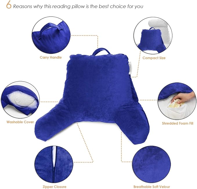 Nestl Reading Pillow for Kids & Teens with Shredded Memory Foam, Backrest Pillows for Reading, Watching, and Gaming, Use on The Couch, Bed, or Floor, Adjustable Support with Washable Cover Royal Blue