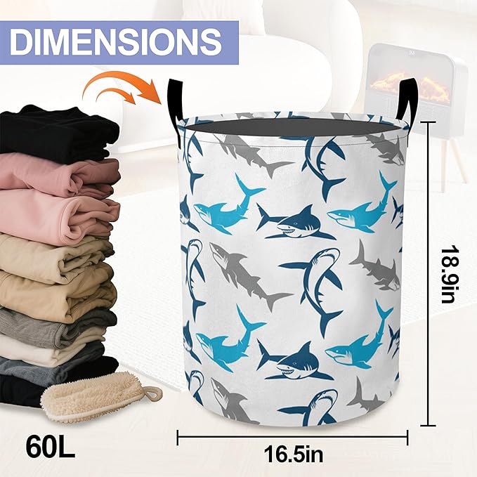 Cute Blue White Shark Laundry Hamper Large Canvas Fabric Lightweight Storage Basket/Dirty Clothes Collapsible Waterproof for College Dorms, Boys and Girls Bedroom,Bathroom