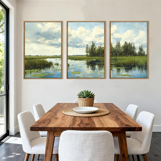 BINCUE Framed Green Nature Wall Art Lake Scenery Wall Decor Landscape Art Print for Living Room Bedroom Office 16 x24 Inches Set of 3