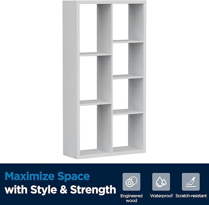 7 Cube Storage Organizer, Cube Shelf with Heavy-Duty Thick Boards, 25.12" L x 9.37" W x 48.74" H, Smooth Easy-Clean Panels, Simple Assembly, for Living Room Bedroom Office, White