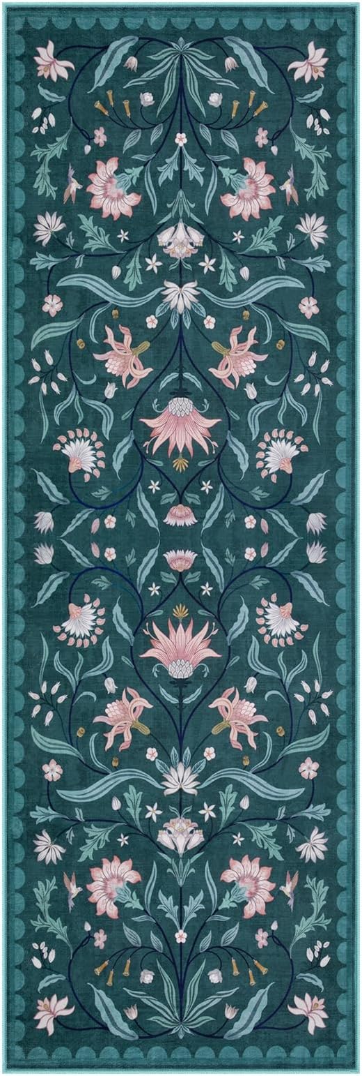 Lahome Boho Floral 2x6 Rug Runners for Hallways Non Slip, Dark Teal Kitchen Runner Rugs Non Skid Washable Bathroom Carpet Runner, Soft Non-Slip Runners for Entryway Laundry(Dark Teal,2x6)