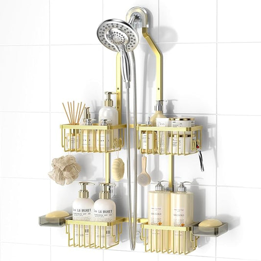 REINHARDT Aluminum Shower Caddy Hanging Adjustable Shower Caddy, Rustproof Hanging Shower Organizer with Hooks Soap Holders, Over Shower Head Caddy for Handheld Showerhead, Gold