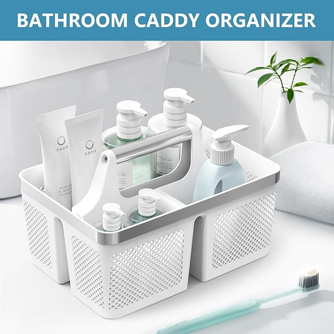 2Pack Shower Caddy Dorm: Portable Bathroom Caddy Organizer with Handle and Holes, Plastic Cleaning Caddy, Hard Shower Basket Storage Tote for Toiletry, College Dorm Room Essentials White/Silver