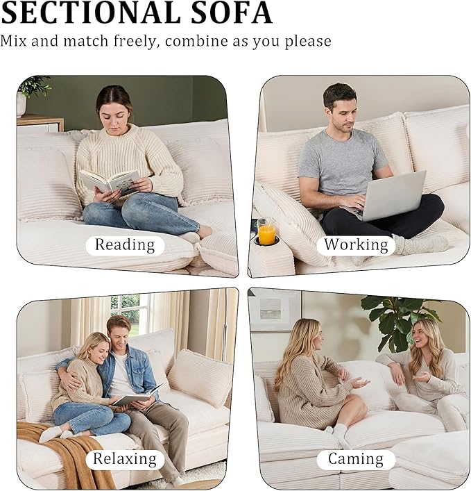Gexpusm Modular Sectional Sofa,99" Couches for Living Room,Corduroy Sofa with Ottoman & Pillow,Cloud Sectional Couch with Cup Holders & USB,Side Pockets,3-Seat Corduroy Boneless Chair Indoor (Beige)