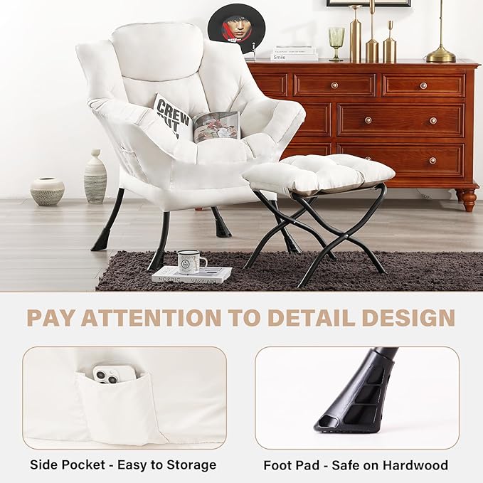 Tiita Lazy Chair with Ottoman, Modern Large Accent Lounge Armchair, Comfy Leisure Sofa Reading Chair with Footrest for Bedroom, Living Room, Dorm Rooms, Garden and Courtyard, Beige