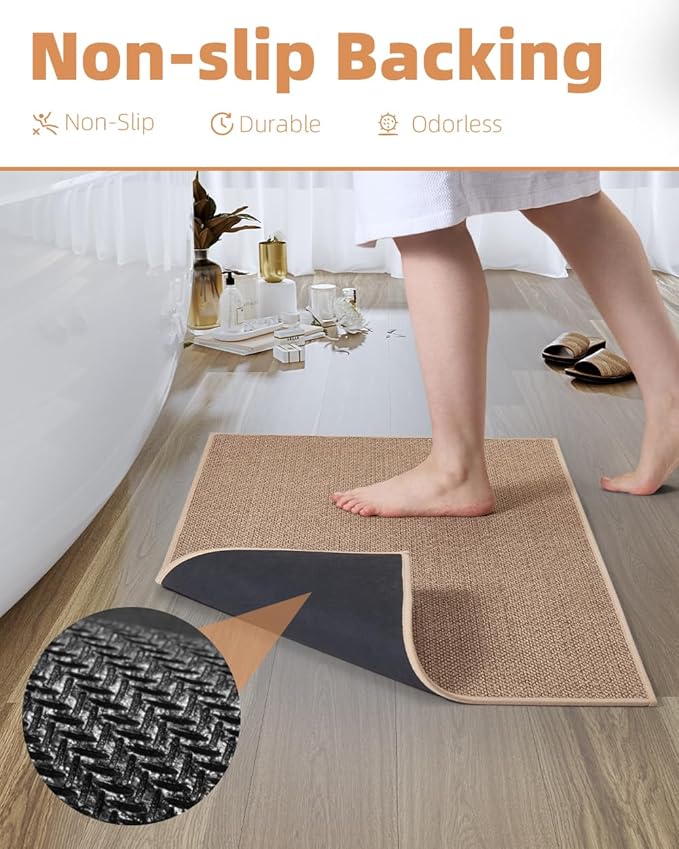 PADOOR Non-Slip Bath Mat With Rubber-Backing, Braided Absorbent Machine Washable Thin Rug, Quick Dry, Fits Under Door, for Bathroom Floor, 20''x32'' Beige