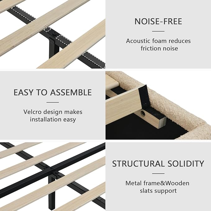 King Bed Frame and Headboard, Upholstered Boucle Bed King with Soft Headboard, Wooden Slats Support, No Box Spring Needed, Easy Assembly, Cloud Bed Frame, Beige