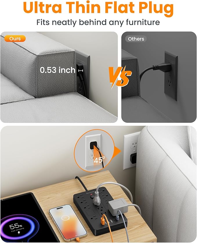 Surge Protector Power Strip - 11 Outlets(1850W/15A) with 6 USB Ports(2 USB C), 6FT Flat Plug Extension Cord, Wall Mount, Black, ETL Listed for Home, Dorm Room