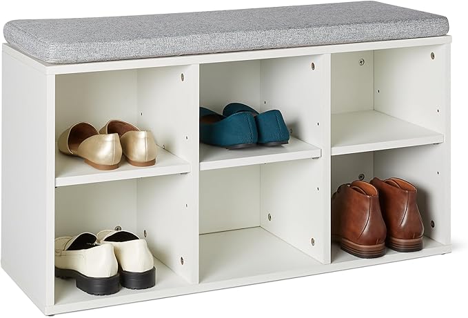 Amazon Basics Shoe Storage Bench with Cushion, Shoe Rack 6 Cubbies, Adjustable Shelves, White