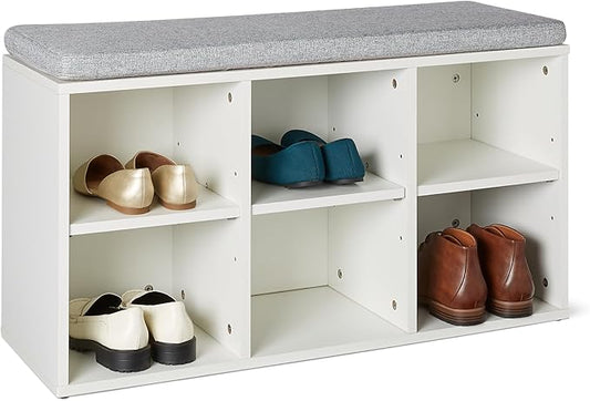 Amazon Basics Shoe Storage Bench with Cushion, Shoe Rack 6 Cubbies, Adjustable Shelves, White