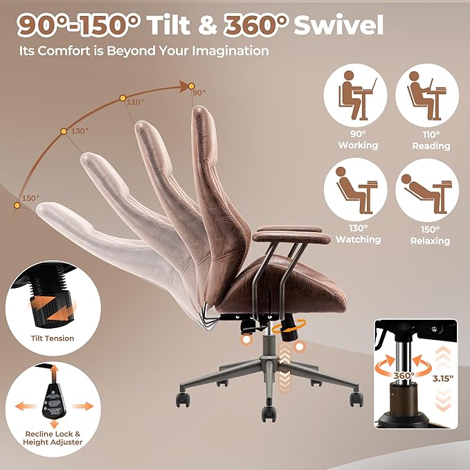 ovios Ergonomic Office Chair, High Back Faux Leather Executive Chairs with Armrests, Comfy High-Century Modern Swivel Rolling Computer Armchair (Dark Brown, Suede Leather)