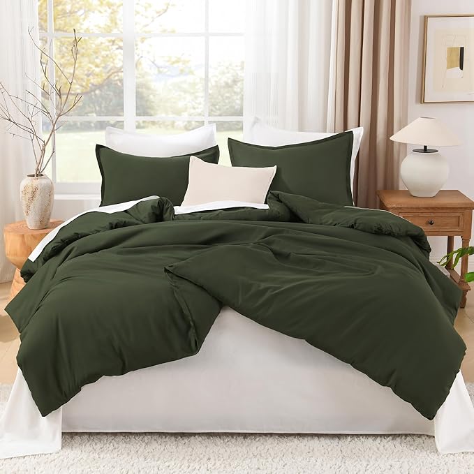 Litanika Comforter Set, Lightweight Solid Bedding Comforter Set, Fluffy Down Alternative Bed Set, Dark Olive Green, Super King Plus