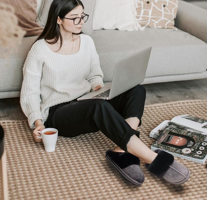 KuaiLu Womens Fluff Dual Memory Foam Slippers Ladies Cozy Arch Support Warm Scuff Slippers Slip on Comfy Winter House Shoes with Non-Slip Indoor Outdoor Hard Sole