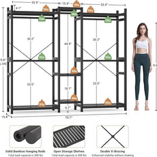 Homykic Bamboo Closet System Clothes Rack, Large Freestanding Garment Rack Clothing Rack for Hanging Clothes with 7 Storage Shelves and 5 Rods, Open Wardrobe Organizer with 4 Hooks, Black