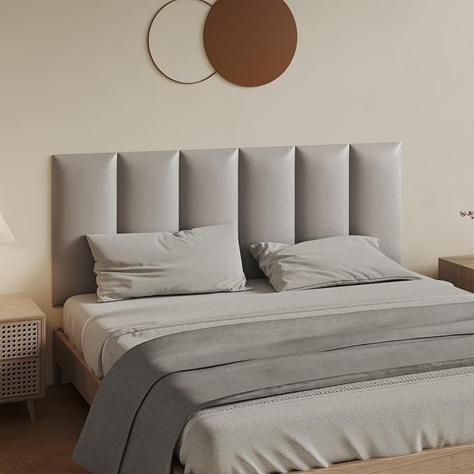 Wall-Mounted Upholstered Headboard Panels, Light Gray Faux Leather, 24x12 Inches, Pack of 9 – DIY Adjustable Soundproof Padding for Queen and King Beds, Modern Accent Wall Décor