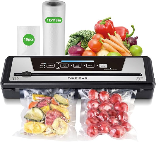 Vacuum Sealer Machine with 10 Bags & 10 Feet Bag Roll | 85kPa Powerful Suction | Automatic Food Sealer for Sous Vide | Dry & Moist Modes | Compact with Built-in Cutter