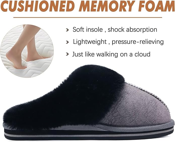 KuaiLu Womens Fluff Dual Memory Foam Slippers Ladies Cozy Arch Support Warm Scuff Slippers Slip on Comfy Winter House Shoes with Non-Slip Indoor Outdoor Hard Sole