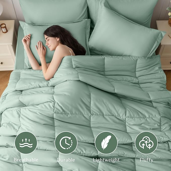 JOLLYVOGUE King Comforter Set, Ultra-Soft Bed in a Bag King Size 7 Pieces, Oeko-TEX Certified Bedding Set with Down Alternative Comforter, Sheets, Pillowcases & Shams, Sage Green