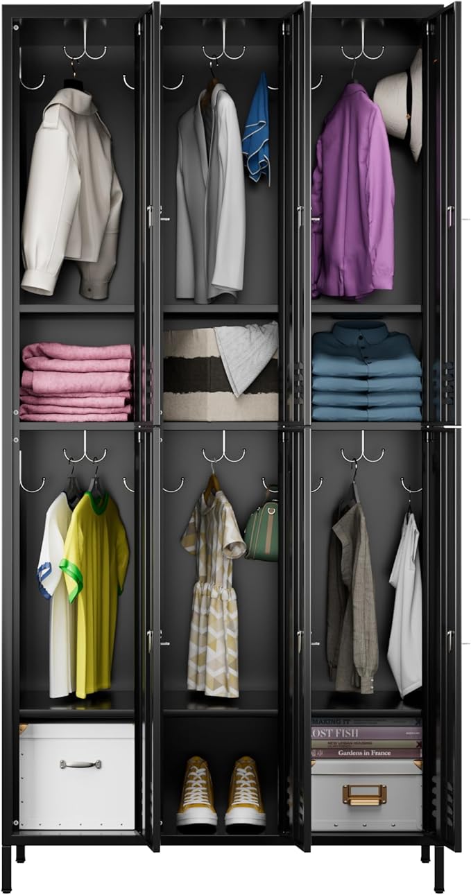 Aobabo Upgraded Metal Storage Locker for Employees, 6 Doors Metal Lockers Cabinet with Lock and Name Card Slot, Industrial Storage with 18 Hooks, for Office Gym, Assembly Required, Black