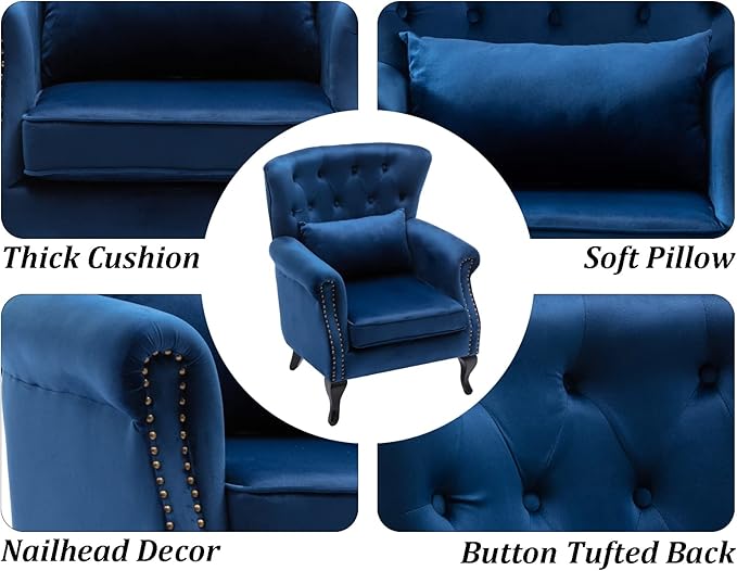 Set of 2 Mid-Century Modern Accent Chair, Velvet Armchair w/Tufted Back/Wood Legs, Upholstered Lounge Arm Chair Single Sofa for Living Room Bedroom, Blue