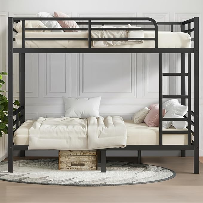 Full Over Full Bunk Bed, Metal Bunk Bed Frame Heavy Duty Bunk Beds Loft Bed Frame with Ladder and Guardrail Metal Slats No Box Spring Required for Adults Teens, Black