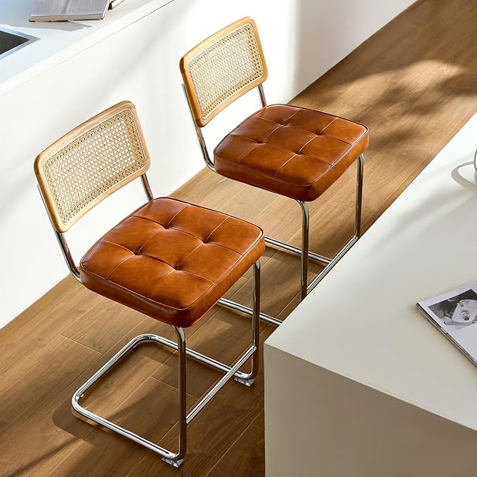 Natural Rattan Bar Stools Set of 2 with Solid Wood Back, 24 Inch Mid Century Modern Counter Height Stools, Brown Faux Leather Upholstery Boho Stool for Kitchen Counter with Chrome Metal Legs