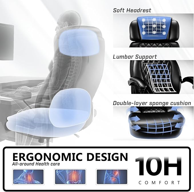 400lbs Executive Office Chair with Foot Rest for Heavy People, Ergonomic Big and Tall Desk Chair with Adjustable Headrest, High Back PU Leather Comfy Heavy Duty Computer Chair with Spring Cushion