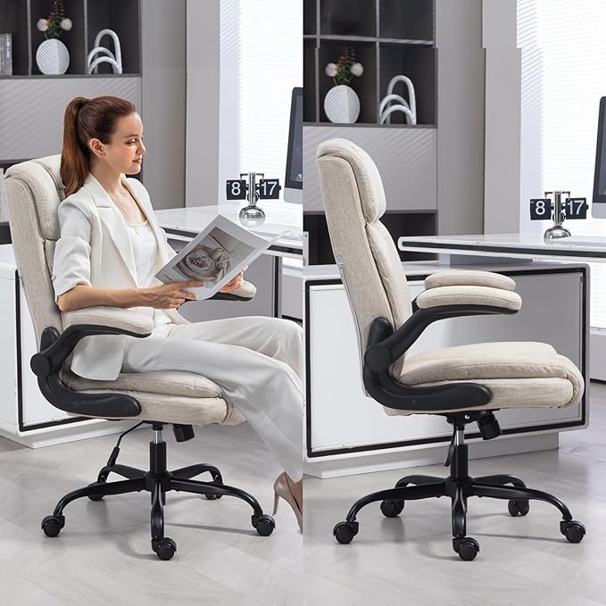 Office Chair High Back Ergonomic Executive Computer Desk Chair Comfortable Fabric Padded Home Office Desk Chairs with Flip-up Arm Rest Adjustable Height Swivel Wheels (Beige)