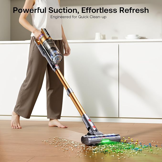 Trucozie Cordless Vacuum Cleaner, Self-Standing Lightweight Stick Vacuum with 50 mins Runtime, Powerful Suction, Anti-Tangle Wireless Vacuum for Home, Hardwood Floor, Carpet, Pet Hair, Gold