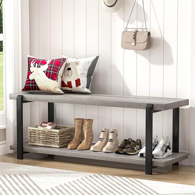 FOLUBAN Entryway Bench, Vintage Wood and Metal Shoe Bench for Hallway Front Door Entrance, Farmhouse Indoor Shoe Storage Bench Seat for Bedroom, Living Room, Light Grey, 47 Inch