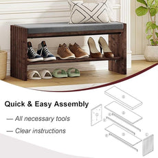 BON AUGURE Mudroom Entryway Bench with Shoe Storage, Shoe Rack Bench with Cushion, 2-Tier Wood Benches for Bedroom, Living Room, Hall (Rustic Oak, 40 in Wide)
