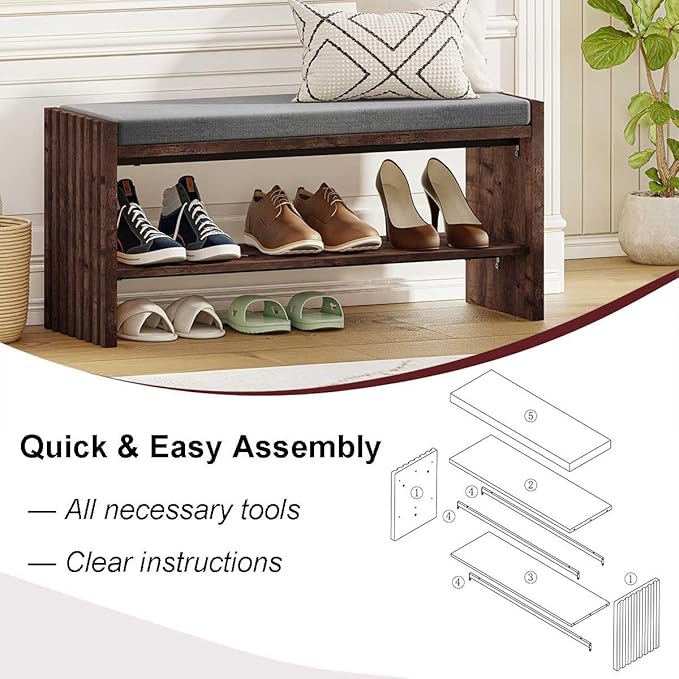 BON AUGURE Mudroom Entryway Bench with Shoe Storage, Shoe Rack Bench with Cushion, 2-Tier Wood Benches for Bedroom, Living Room, Hall (Rustic Oak, 40 in Wide)