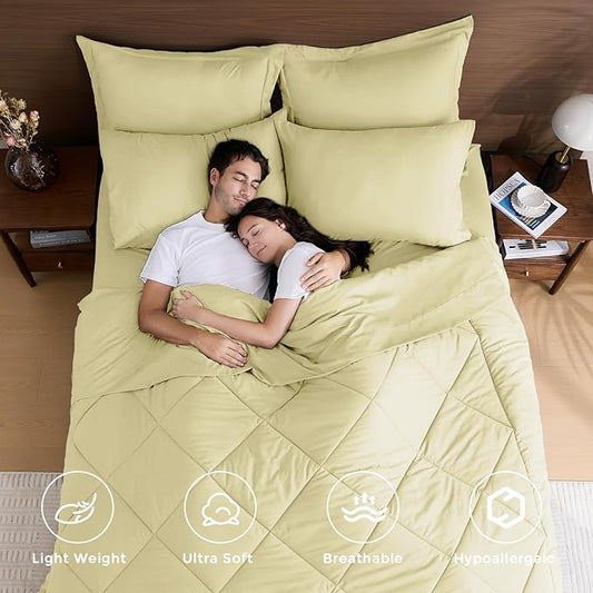 HEVUMYI Cream Yellow Cali-King Comforter Set - 7-Piece All Season Bed in a Bag Cali-King, Ultra Soft Bedding Set with Comforter, Flat Sheet, Fitted Sheet, Pillowcases, Pillow Shams