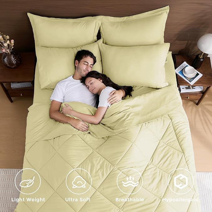HEVUMYI Cream Yellow Queen Comforter Set - 7-Piece All Season Bed in a Bag Queen, Ultra Soft Bedding Set with Comforter, Flat Sheet, Fitted Sheet, Pillowcases, Pillow Shams
