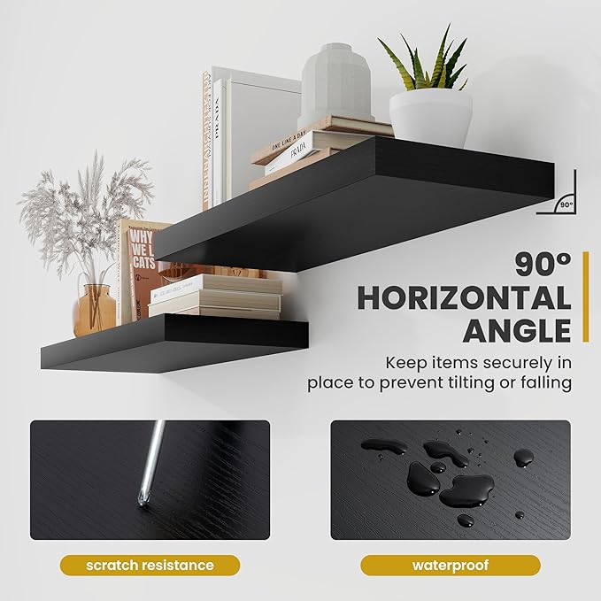 36 Inch Floating Shelves, 9.3" Deep Floating Shelf Wall Mounted, 36" Wall Shelves, Rustic Deep Bookshelf, Large Display Shelves & Storage Shelves for Bedroom, Living Room, Black, Set of 2