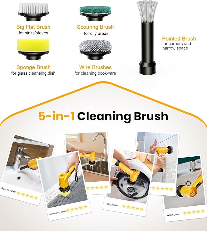 qimedo Battery Electric Spin Scrubber Q4, 800RPM Handheld Scrubber for Cleaning with Display, Power Dish Scrubber with 5 Heads, Shower Cordless Cleaning Brush for Bathroom/Sink/Window