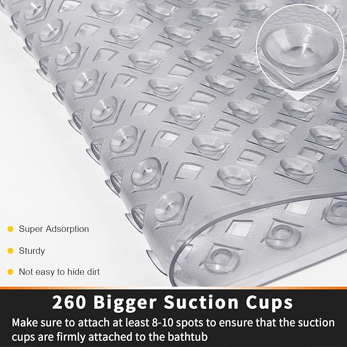Yimobra Non Slip Bath Mat, Super Strong Suction Cups,34.5"x15.5"Long Tub Mat with Drain Holes, Machine Washable Fast Draining Shower Mats, Bathroom Essentials,Clear Gray