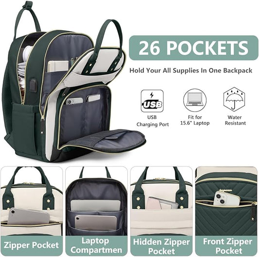 Laptop Backpack for Women Work Bag - 15.6 inch Travel Backpack with USB Charger Business Computer Backpacks for Work College Back pack for Teacher Casual Waterproof Bookbag for Nurses Beige Green