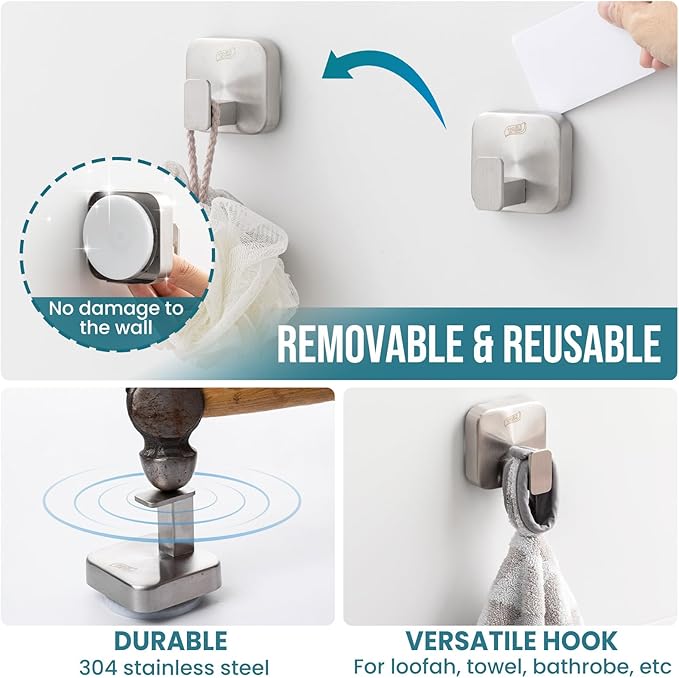 TAILI Thickened 304 Stainless Steel Bathroom Suction Hook for Towel, Loofah, Bathrobe, Patented Strong Suction Cup Holder, Damage-free Hanging Glass Shower Wall Hook, Hold Up to 11 Lbs, 2 Pack, Silver