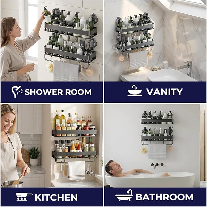 ONXE Shower Caddy Suction Cup,2 Pack Extra-Strong Suction Shower Shelves,No Drilling Rustproof Organizer for Bathroom,Kitchen,Home Decor,Reusable Bathroom Storage with Large Capacity(15.7 inch)