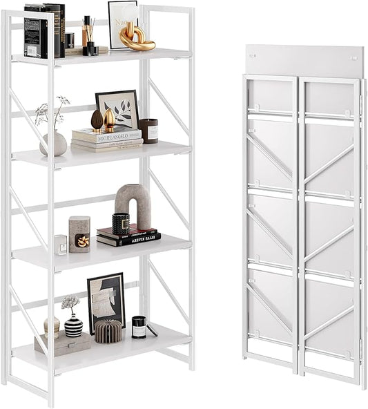 JSB No Assembly Folding Bookshelf, 4 Tier Industrial Metal Book Shelf for Storage, Vintage Wood Foldable Bookcase for Living Room, Bedroom, Office Organization Shelves