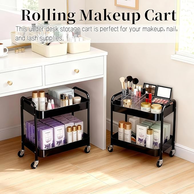 2 Tier Rolling Cart with Wheels for Under Desk Storage & Pantry Storage, Large Capacity Laundry Room & Makeup Organizer, Sturdy Kitchen Utility Cart for Small Space with 4 Hooks, Black