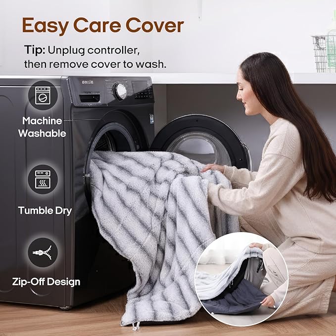 ZonLi 2-in-1 Weighted Heated Blanket for Back Pain, Heated Weighted Blankets Queen Size, 6 Heating Levels 1-10H Auto Off, Soft Ribbed Rabbit Fur Washable, Chirstmas Blanket for Family