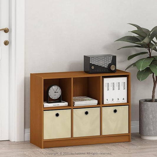 Furinno Basic 3x2 Bookcase Storage w/Bins, Light Cherry/Ivory