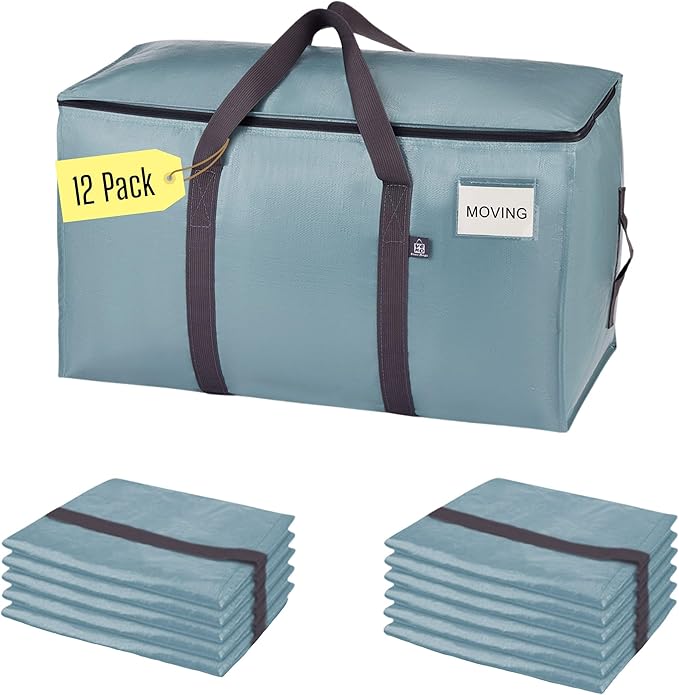 VENO 12 Pack Moving Bags, Upgraded Heavy Duty, Moving Boxes Alternative, Packing Storage Supplies for Dorm Room Essentials with Zipper for Clothes, Large Totes for Packaging (Light Blue, 12 Pack)