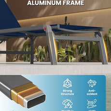 Foldable Pool Lounge Chairs, Aluminum Chaise Lounge Outdoor with 5 Positions Recliner - Free Assembly - Patio Lounge Chair for Poolside, Beach (Navyblue)