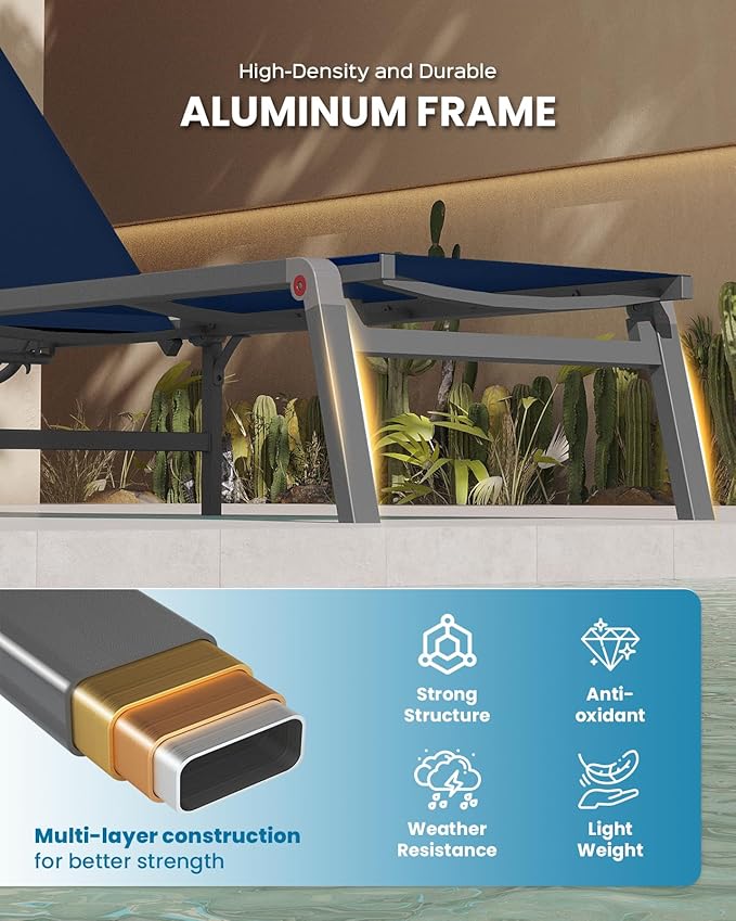 Foldable Pool Lounge Chairs, Aluminum Chaise Lounge Outdoor with 5 Positions Recliner - Free Assembly - Patio Lounge Chair for Poolside, Beach (Navyblue)