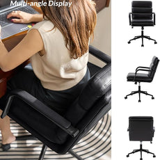 HULALA HOME Modern Faux Leather Home Office Chair with Tilt Lock & Metal Base, Desk Chair with Wheels & Padded Cushion, 360° Swivel Wide Seat Computer Task Chair, Black