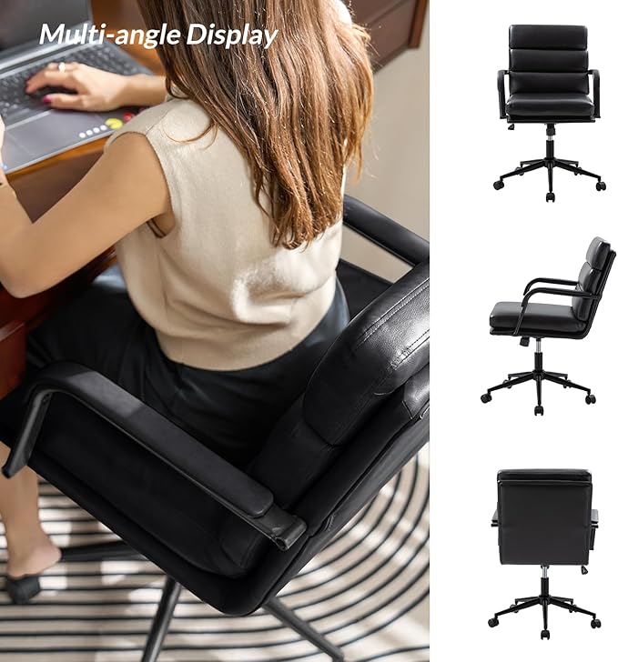 HULALA HOME Modern Faux Leather Home Office Chair with Tilt Lock & Metal Base, Desk Chair with Wheels & Padded Cushion, 360° Swivel Wide Seat Computer Task Chair, Black